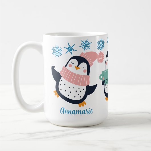Cute Personalized Winter Penguin Snowflake Holiday Koffiemok (Links)