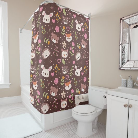 Cute Personalized Woodland Animals Pattern Douchegordijn (In situ)