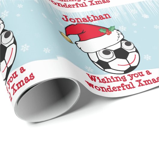 Cute Personalized Xmas Soccerball Cadeaupapier (Rol Hoek)