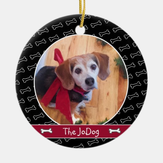 Cute Personated Dog Photo Dog Bone Pattern Black Keramisch Ornament (Voorkant)