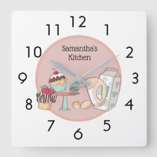 Cute Personated Pink Cupcake Kitchen Wall Clock Vierkante Klok