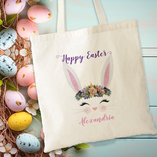 Cute Personated Pink Floral Easter Bunny Girl Tote Bag