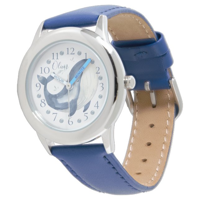 Cute Personated Waterverf Nautical Blue Whale Horloge (Gekanteld)