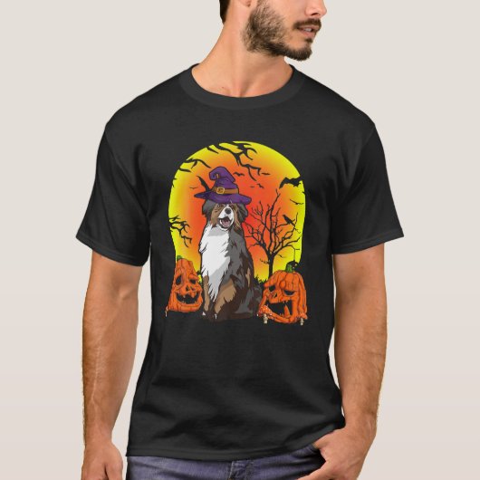 Cute Pet Australian Shepherd Dog Witch Pet Halowe T-shirt (Voorkant)