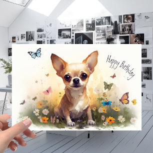 Cute Pet Chihuahua Puppy Dog en Flowers Birthday Kaart