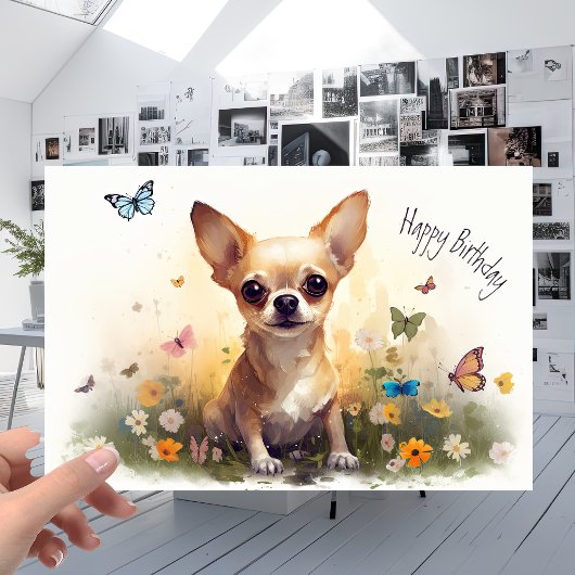 Cute Pet Chihuahua Puppy Dog en Flowers Birthday Kaart