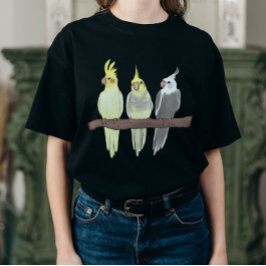 Cute Pet Cockatiels Flock on Perch Bird Lover T-shirt