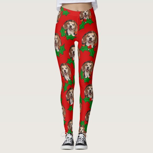 Cute Pet Foto Red Green Holly Kerstmis Leggings (Voorkant)