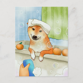 Cute Pet Shiba Inu Dog Bathing Funny Briefkaart