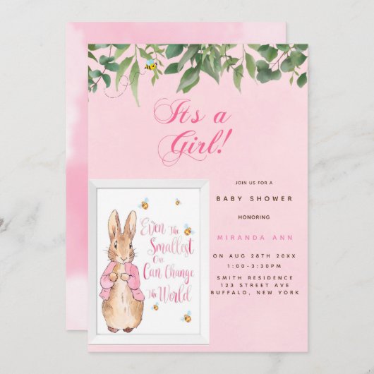 Cute Peter Rabbit Baby in Pink Shower Invitation Kaart (Voorkant / Achterkant)