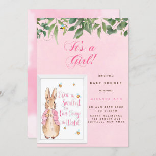 Cute Peter Rabbit Baby in Pink Shower Invitation Kaart