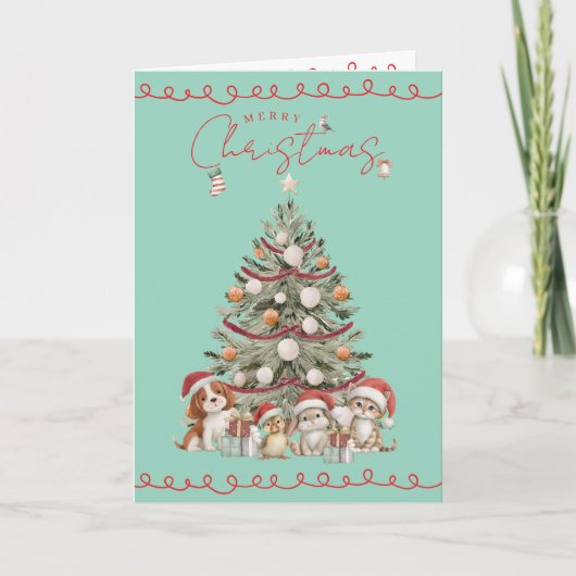 Cute Pets Christmas Aqua | Folded Greeting Card Kaart (Voorkant)