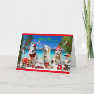Cute Pets die Kerstmis vieren in het strand Feestdagen Kaart
