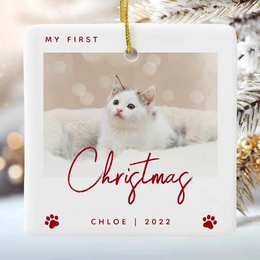 Cute Photo Kitten, 1 e kerstpagina Rood Keramisch Ornament