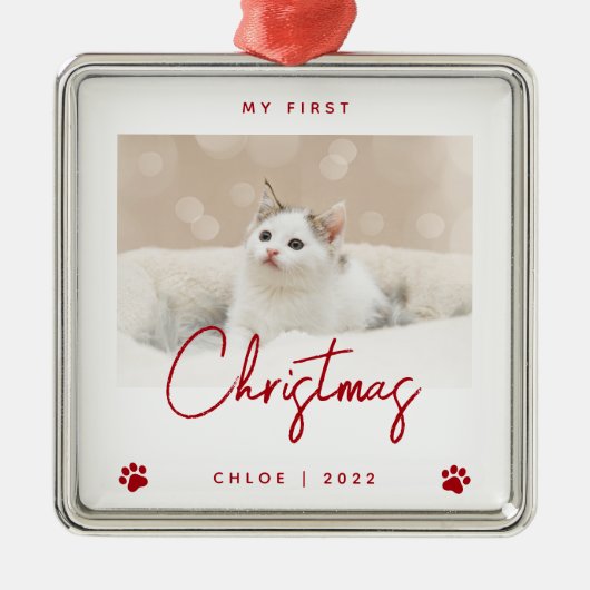 Cute Photo Kitten, 1 e kerstpagina Rood Metalen Ornament (Voorkant)