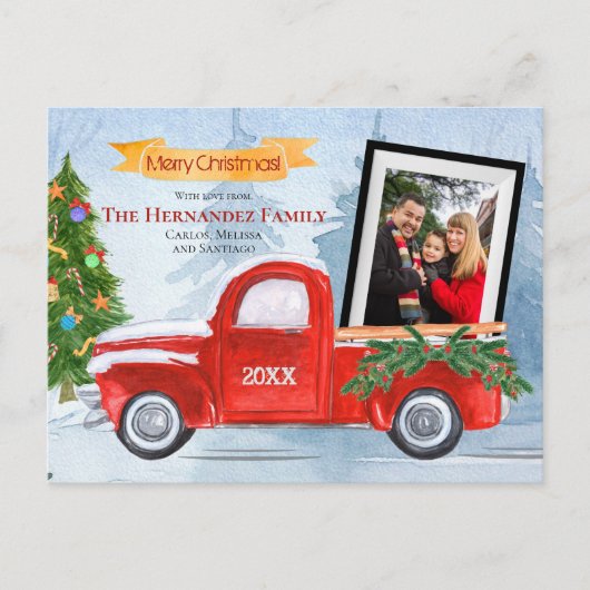 Cute Photo Merry Kerstmis Rustic Red Truck Feestdagenkaart (Voorkant)