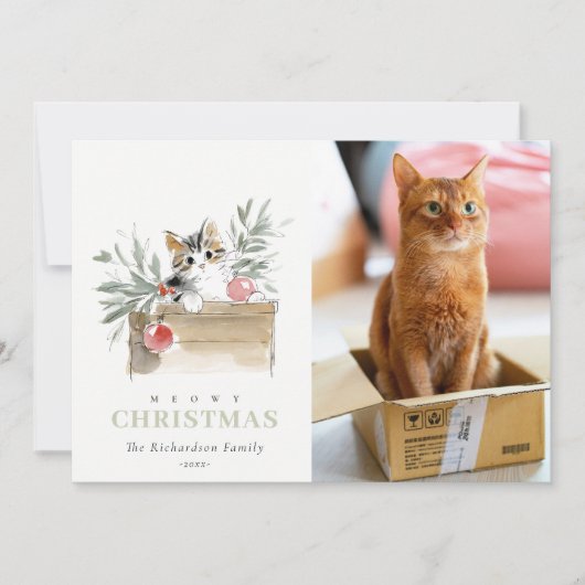 Cute Photo Watercolor Meowy Christmas Box Cat Feestdagenkaart (Voorkant)