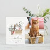Cute Photo Watercolor Meowy Christmas Box Cat Feestdagenkaart (Staand voorkant)