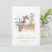 Cute Photo Watercolor Meowy Christmas Box Cat Feestdagenkaart (Staand voorkant)