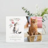 Cute Photo Watercolor Meowy Christmas Tree Cat Feestdagenkaart (Staand voorkant)