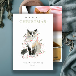 Cute Photo Watercolor Meowy Kerstverlichting Kat Feestdagenkaart