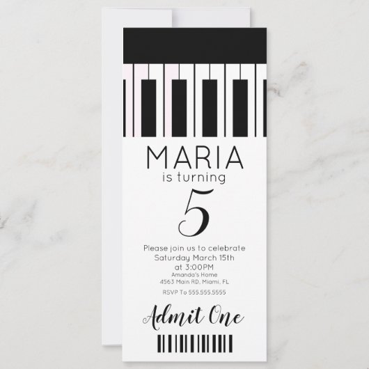 Cute Piano Music Ticket Style Party Invitation Kaart (Voorkant)