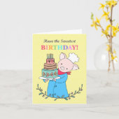 Cute Pig Chef houdt een Big Birthday Cake Sweet Kaart (Gele Bloem)