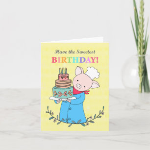 Cute Pig Chef houdt een Big Birthday Cake Sweet Kaart