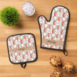 Cute Pig Illustration Oven Gloves – Farm Animal  Ovenwant & Pannenlap Set