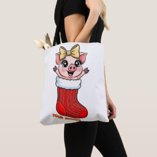 Cute Pig in Christmas Stocking Tote Bag