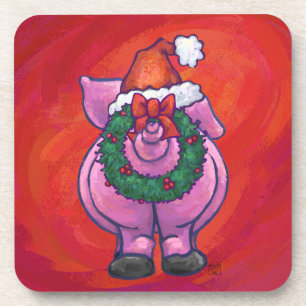 Cute Pig in Santa Hat op Red Bier Onderzetter
