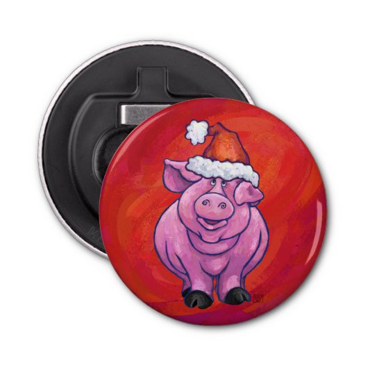 Cute Pig in Santa Hat op Red Button Flesopener (Voorkant)