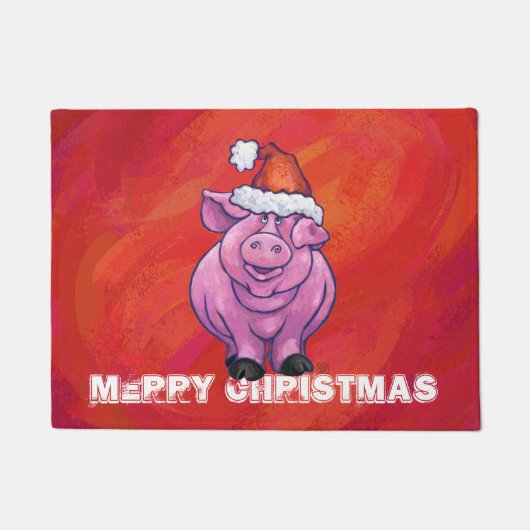 Cute Pig in Santa Hat op Red Deurmat (Voorkant)