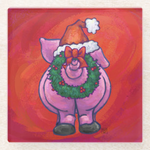 Cute Pig in Santa Hat op Red Glazen Onderzetter