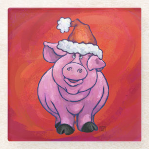 Cute Pig in Santa Hat op Red Glazen Onderzetter