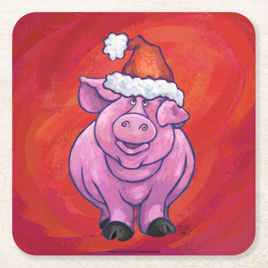 Cute Pig in Santa Hat op Red Kartonnen Onderzetters (Voorkant)