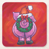 Cute Pig in Santa Hat op Red Kartonnen Onderzetters (Voorkant)