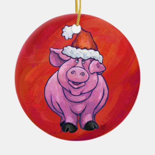 Cute Pig in Santa Hat op Red Keramisch Ornament (Voorkant)