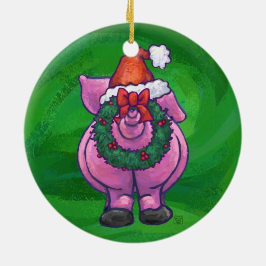 Cute Pig in Santa Hat op Red Keramisch Ornament (Achterkant)