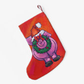 Cute Pig in Santa Hat op Red Kleine Kerstsok (Achterkant (Hangend))
