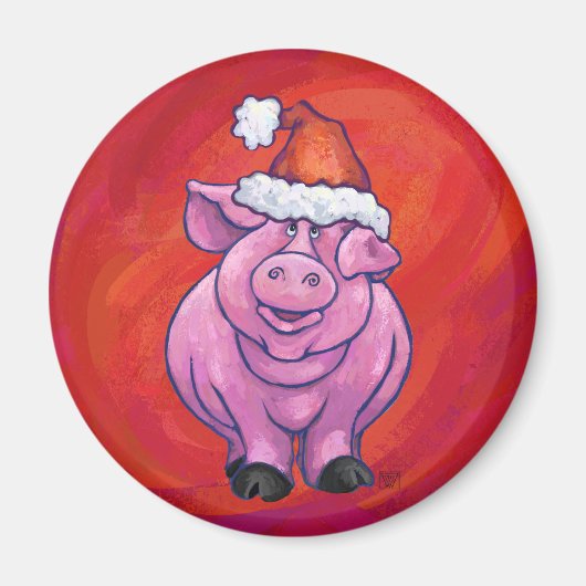 Cute Pig in Santa Hat op Red Magneet (Voorkant)
