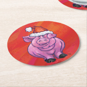 Cute Pig in Santa Hat op Red Ronde Kartonnen Onderzetter