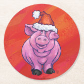 Cute Pig in Santa Hat op Red Ronde Kartonnen Onderzetter (Voorkant)