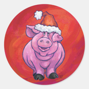 Cute Pig in Santa Hat op Red Ronde Sticker