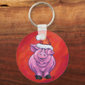 Cute Pig in Santa Hat op Red Sleutelhanger (Voorkant)