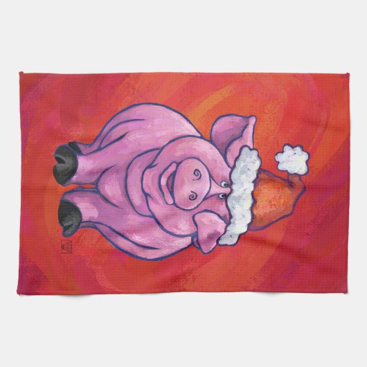 Cute Pig in Santa Hat op Red Theedoek (Horizontaal)
