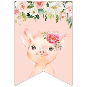 Cute Pig met Blush Pink Flowers Happy Birthday Vlaggetjes