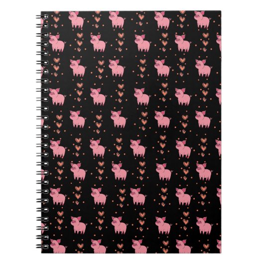 Cute Pig Piggy met Roze Hart Patroon Zwarte Stijl Notitieboek (Voorkant)