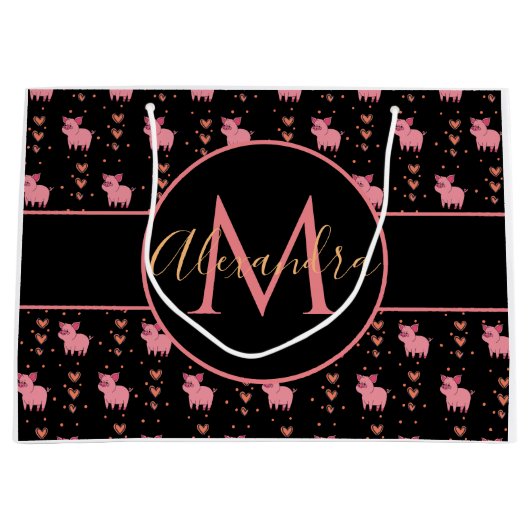 Cute Pig Pink Heart Funny Animal Monogram & Name Groot Cadeauzakje (Voorkant)