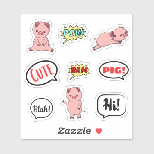 Cute Pig Pow Blah Hi Bubble Stickers (Vel)